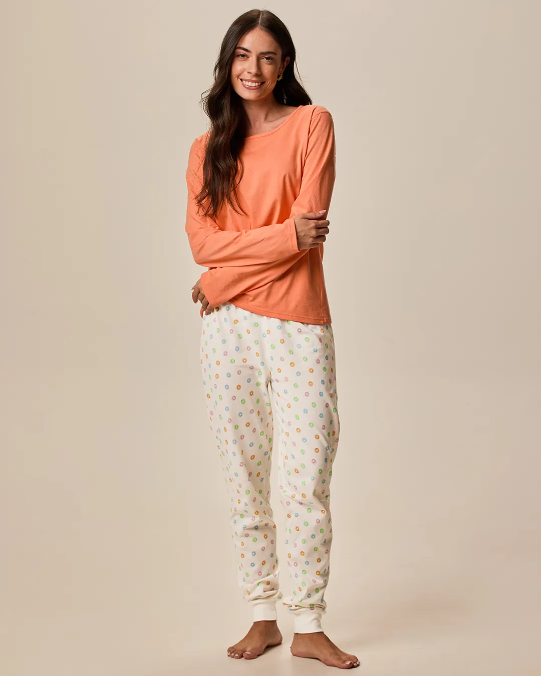 Achado do dia: Pijama Longo Feminino Calça Jogger Estampada Em Malha 100% Algodão Laranja -…