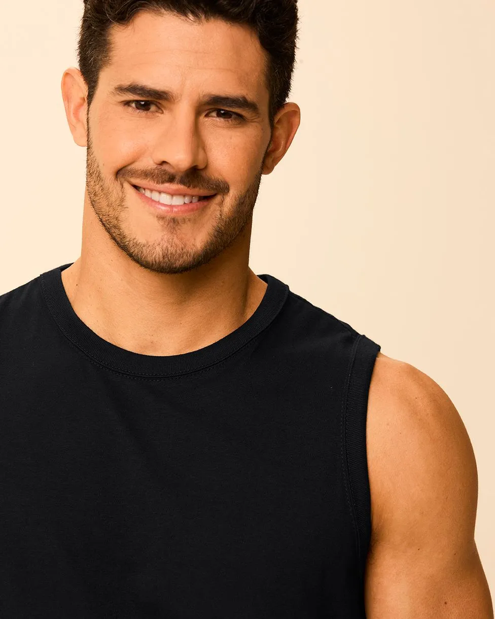 Regata Básica Masculina Cava Ajustada Em Algodão Preto — imagem 2